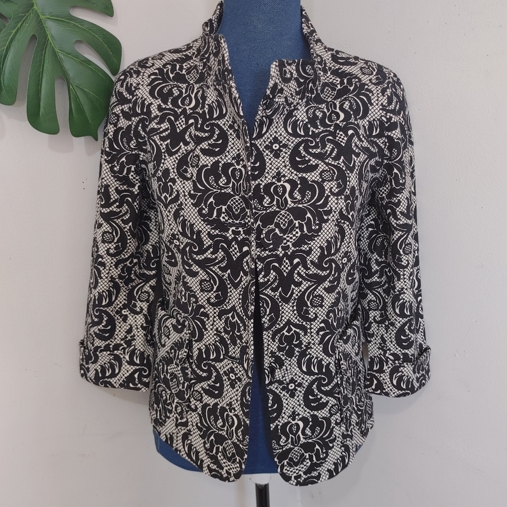 Talbots Black White Damask Jacquard Blazer Jacket